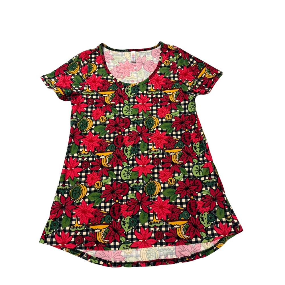 LuLaRoe Classic T XS Poinsettia Gingham Holiday Short Sleeve Top New With Tags